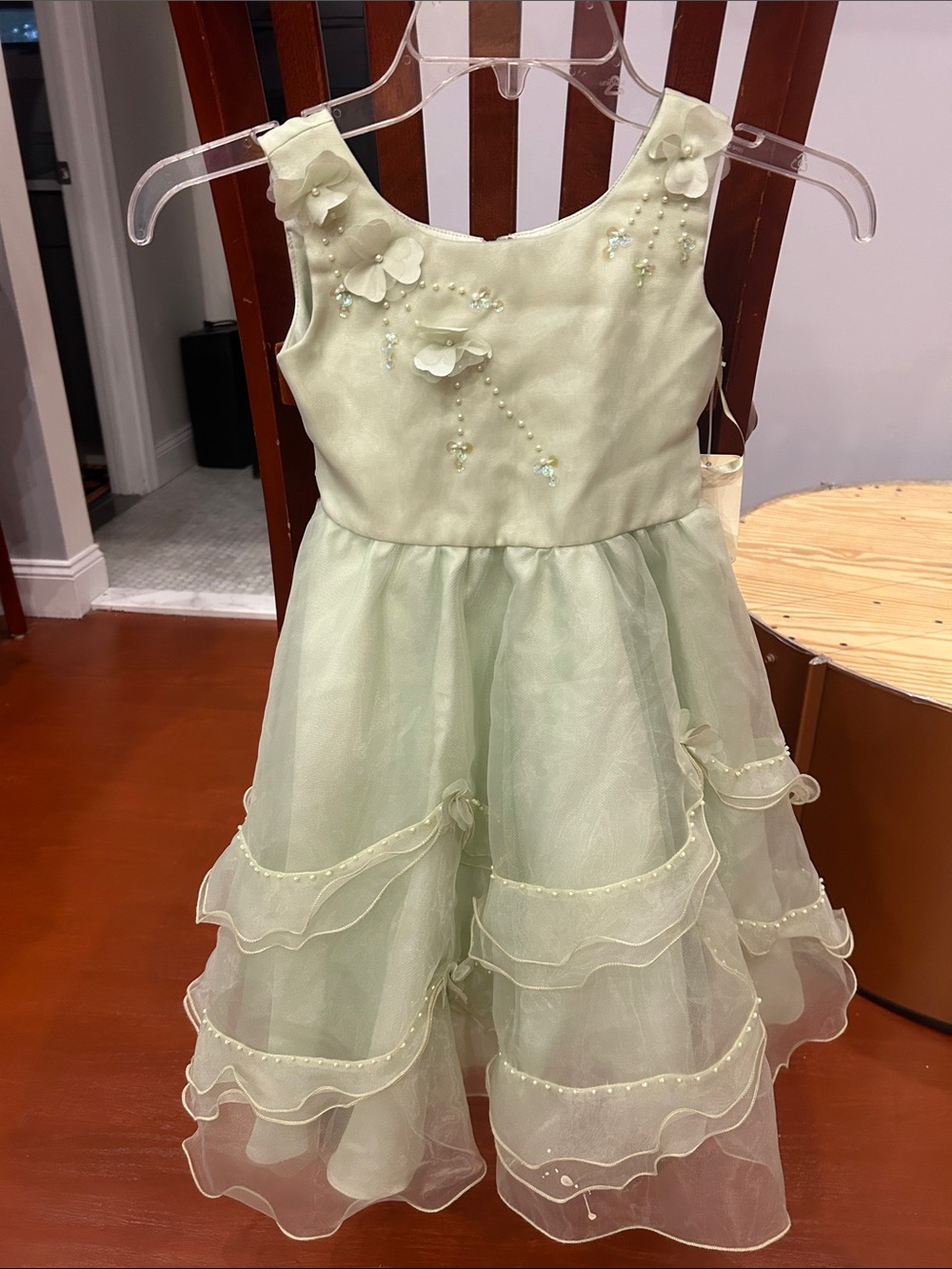Tip Top Kids Pale Green Tiered Flower-Applique Party Dress
